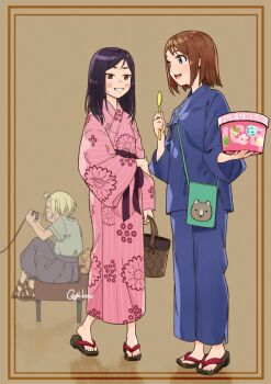 Rule 34 | 3girls, bag, blonde hair, blue jacket, blue pants, brown hair, clenched teeth, cojibou, commentary request, controller, floral print, floral print kimono, food, full body, game controller, green bag, green eyes, hand on own arm, holding, holding bag, holding controller, holding food, holding game controller, holding ice cream, holding spoon, ice cream, ice cream tub, jacket, japanese clothes, kimono, long hair, long sleeves, looking at another, minamimi-san, multiple girls, open mouth, original, pants, pink kimono, playing games, print kimono, purple hair, red eyes, samue, sandals, short hair, shoulder bag, smile, spoon, standing, striped clothes, striped kimono, teeth, upper teeth only, wide sleeves, zouri