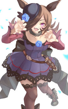 1girl animal_ears blue_flower blue_hat blue_rose blush bow brown_hair dagger dress fascinator flipped_hair flower hair_over_one_eye hat hat_flower highres horse_ears horse_girl horse_tail iko_(saikoro_k0702) knife long_hair looking_at_viewer off-shoulder_dress off_shoulder open_mouth purple_eyes rice_shower_(rosy_dreams)_(umamusume) rice_shower_(umamusume) rose smile solo tail tilted_headwear umamusume weapon