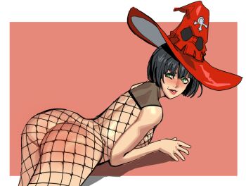1girl ass black_hair bob_cut bodystocking breasts butt_crack fishnet_bodystocking fishnets functionally_nude gluteal_fold green_eyes guilty_gear hat i-no looking_back lying mole on_stomach short_hair sideboob simple_background solo sunbeam_(artist) witch_hat