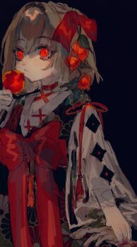 Rule 34 | 1girl, alternate costume, black background, black kimono, blood, blood on hands, bow, brown hair, candy apple, choker, closed mouth, commentary request, expressionless, floral print, floral print kimono, flower, food, hair bow, holding, holding candy apple, holding food, holding hands, japanese clothes, kimono, long sleeves, looking at viewer, one-hour drawing challenge, print kimono, red bow, red choker, red eyes, red flower, rumia, shinjitsu no kuchi, short hair, simple background, solo, touhou, upper body