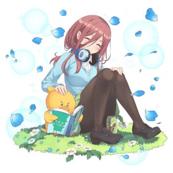 1girl black_pantyhose black_shoe blue_flower blue_petals blue_sweater blush breasts brown_hair closed_eyes closed_mouth collared_shirt dot_nose female_focus flower full_body go-toubun_no_hanayome grass green_background headphones headphones_around_neck juice juice_can large_breasts long_hair long_sleeves miniskirt nakano_miku official_art pantyhose pleated_skirt school_uniform shirt sitting skirt smile solo solo_focus stuffed_toy sweater white_flower white_shirt
