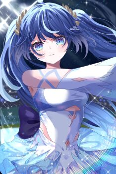 1girl bare_shoulders blue_eyes blue_hair breasts closed_mouth commentary_request dress highres hitsuki_(ruon) indoors iuno_(wuthering_waves) laurel_crown light_blush long_hair medium_breasts multicolored_hair official_alternate_costume outstretched_arm skating_rink solo streaked_hair twintails white_dress wuthering_waves