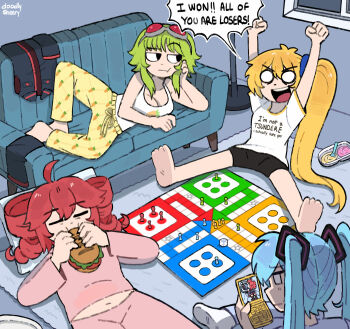 4girls ahoge akita_neru aqua_hair arms_up artist_name barefoot black_shorts blonde_hair board_game breasts carpet carrot_print cellphone cleavage closed_eyes commentary couch dice drill_hair eating english_commentary flip_phone food food_print goggles goggles_on_head green_hair gumi hatsune_miku highres holding holding_food holding_phone indoors kasane_teto long_hair looking_at_another midriff mitsuko_tan multiple_girls navel on_couch on_floor open_mouth pants phone pink_pants pink_shirt print_pants red_hair shirt shorts side_ponytail socks soles speech_bubble tank_top twin_drills twintails unworn_clothes utau vocaloid white_shirt white_socks white_tank_top