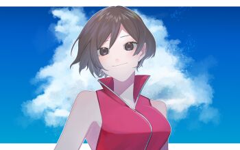 1girl bare_shoulders black_eyes black_hair blue_sky blush breasts closed_mouth cloud commentary_request day eyelashes highres meiko_(vocaloid) short_hair sky sleeveless smile solo totori_hawatari vocaloid zipper