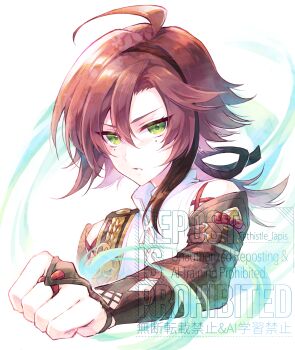 1boy ahoge armor black_hair clenched_hand commentary_request detached_sleeves frown genshin_impact green_eyes highres looking_at_viewer male_focus mole mole_under_each_eye mole_under_eye multicolored_hair multiple_moles ponytail red_hair shikanoin_heizou shirt short_hair short_ponytail shoulder_armor simple_background solo streaked_hair thistle_lapis upper_body watermark white_background white_shirt wind