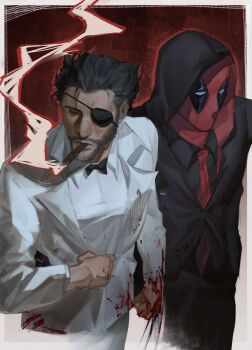 2boys black_bow black_bowtie black_hair black_jacket black_shirt blood blood_on_clothes blood_on_hands bloody_weapon bodysuit border bow bowtie cigarette claw_(weapon) closed_eyes collared_shirt commentary deadpool deadpool_&amp;_wolverine deadpool_(series) english_commentary eyepatch facial_hair formal_clothes highres jacket lapels long_sleeves male_focus marvel marvel multiple_boys muuchanam necktie open_clothes open_jacket outside_border red_background red_bodysuit red_necktie shirt short_hair simple_background smoke smoking standing suit suit_jacket superhero_costume twitter_username weapon white_border white_jacket white_shirt wolverine_(x-men)