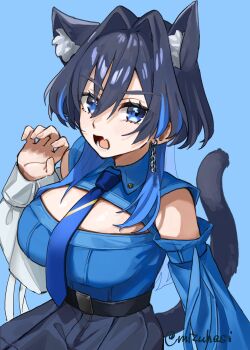 1girl absurdres animal_ears belt black_belt blue_background blue_eyes blue_hair blue_necktie blue_shirt breasts cat_ears cat_tail chain chain_earrings claw_pose cleavage_cutout clothing_cutout fang fingernails hair_intakes highres hololive hololive_english large_breasts mizuhasi necktie open_mouth ouro_kronii ouro_kronii_(4th_costume) shirt skin_fang tail twitter_username virtual_youtuber