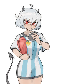 Rule 34 | 1girl, absurdres, ahoge, argentina, asociacion de futbol argentina, bags under eyes, blue shirt, bob cut, bracelet, breasts, closed mouth, collarbone, commentary, cup, danaoharah, demon girl, demon horns, demon tail, drink, drinking, drinking straw, english commentary, grey horns, grey tail, hair between eyes, helltaker, highres, holding, holding cup, holding drink, holding thermos, horns, jersey, jewelry, large breasts, long shirt, looking at viewer, malina (helltaker), mixed-language commentary, no pants, red eyes, ringed eyes, shirt, short hair, simple background, slit pupils, soccer uniform, solo, spanish commentary, sportswear, striped clothes, striped shirt, tail, thermos, thick eyebrows, vertical-striped clothes, vertical-striped shirt, wavy mouth, white background, white hair, white shirt
