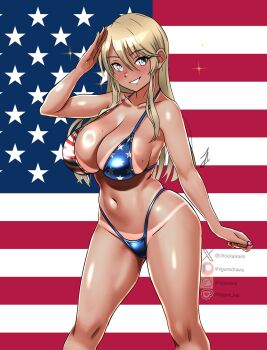 1girl alternate_costume american_flag american_flag_background american_flag_bikini american_flag_print bikini bikini_tan blonde_hair blue_eyes breasts cleavage feet_out_of_frame flag_print flag_print_bikini grin hair_between_eyes highleg highleg_bikini highres iowa_(kancolle) kantai_collection large_breasts long_hair print_bikini salute shigure_(choukaikaini) signature smile solo swimsuit tan tanline watermark
