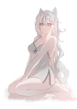 1girl absurdres airani_iofifteen_(artist) breasts cleavage cone_hair_bun double_bun dress grey_dress grey_eyes grey_hair hair_bun hashtag-only_commentary highres hololive hololive_indonesia long_hair medium_breasts nightgown seiza sitting sleeveless sleeveless_dress solo very_long_hair vestia_zeta virtual_youtuber white_background