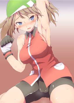 00s 1girl :o alternate_color alternate_costume arm_up armpits bandana bare_arms bare_shoulders bike_shorts blue_eyes blush breasts brown_hair cameltoe clenched_hand collared_shirt female_focus gloves gradient_background green_bandana hand_up hip_focus large_breasts legs looking_back looking_to_the_side may_(pokemon) may_(pokemon_emerald) nintendo open_mouth poke_ball pokemon pokemon_emerald pokemon_rse red_shirt rei_oe shiny_skin shirt short_hair skirt sleeveless sleeveless_shirt solo sweat wide_hips