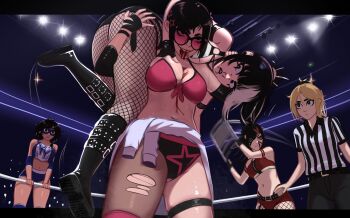 5girls absurdres blonde_hair blood blood_drip blood_on_face chair fishnet_pantyhose fishnets glasses gloves goth_fashion groping hair_ornament highres holding_chair jessie_(veyonis) kadence_(veyonis) latvian_flag long_hair makeup mika_(veyonis) multicolored_hair multiple_girls pantyhose pentagram ponytail referee rosen_(veyonis) shirt short_hair star_(symbol) star_hair_ornament striped_clothes striped_shirt tank_top tinted_glasses torn_clothes torn_pantyhose veyonis wrestling wrestling_outfit wrestling_ring yuna_(veyonis)
