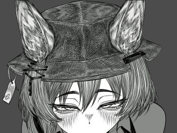 1girl animal_ear_fluff animal_ears arknights beanstalk_(arknights) blush braid commentary_request ears_through_headwear greyscale hair_between_eyes hat highres hyena_ears hyena_girl implied_fellatio kyoeikyoei52906 long_hair looking_at_viewer monochrome out-of-frame_censoring pov ribbon simple_background single_braid solo
