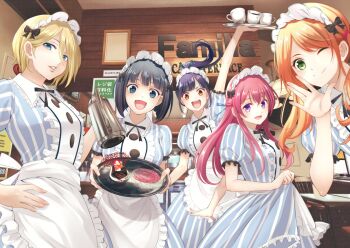5girls black_hair blonde_hair blue_eyes blue_hair breasts brown_hair cafe coffee_pot cup disposable_cup green_eyes hououji_akane indoors large_breasts long_hair maid maid_headdress makuzawa_ouka medium_breasts medium_hair megami_no_cafe_terrace multiple_girls ono_shiragiku open_mouth purple_eyes red_hair seo_kouji short_hair teacup tsukishima_riho tsuruga_ami