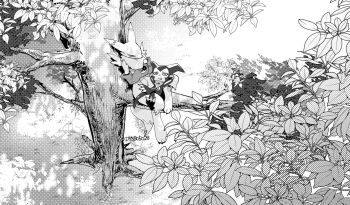 Rule 34 | arms behind back, body fur, closed eyes, crossed arms, digimon, digimon (creature), greyscale, halftone, impmon, in tree, monochrome, mucha gorou, renamon, sitting, sitting in tree, tree, yuriyuri (ccc)