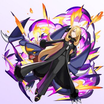 1girl artist_request black_jacket black_pants black_shirt black_shoes blonde_hair claws closed_mouth cynthia_(pokemon) dutch_angle explosion eyelashes full_body fur-trimmed_jacket fur_trim garchomp gen_4_pokemon glowing glowing_eyes grey_eyes hair_ornament hair_over_one_eye hand_on_own_hip jacket long_hair long_sleeves nintendo official_art open_mouth pants pokemon pokemon_(creature) pokemon_dppt pokemon_tcg pokemon_tcg_pocket sharp_teeth shirt shoes simple_background teeth third-party_source white_background yellow_eyes