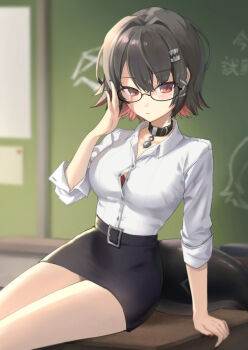 1girl absurdres adjusting_eyewear alternate_costume arm_at_side belt bespectacled black-framed_eyewear black_belt black_choker black_hair black_skirt blurry blurry_background blush bra bra_peek button_gap buttons chalkboard choker classroom closed_mouth collared_shirt colored_inner_hair commentary cowboy_shot desk dress_shirt ellen_joe frown glasses hair_between_eyes hair_intakes hair_ornament hand_up highres indoors kuro11kii long_sleeves looking_at_viewer miniskirt mole mole_under_eye multicolored_hair nail_polish on_desk pencil_skirt red_bra red_eyes red_hair red_nails romaji_commentary shirt short_hair sidelocks sitting skirt sleeves_rolled_up solo spiked_hair teacher underwear white_shirt x_hair_ornament zenless_zone_zero