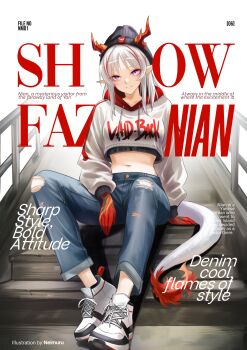 1girl absurdres arknights artist_name black_hat blue_pants casual character_name closed_mouth clothes_writing colored_extremities commentary contemporary cover crop_top cropped_hoodie denim dragon_girl dragon_horns dragon_tail drawstring english_commentary english_text fake_magazine_cover full_body hat highres hood hood_down hoodie horns horns_through_headwear jeans long_sleeves magazine_cover medium_hair midriff multicolored_hair navel neimu_(neimuru) nian_(arknights) on_stairs pants pink_eyes pointy_ears red_horns shoes sitting smile sneakers solo stairs streaked_hair tail torn_clothes torn_jeans torn_pants white_hair white_hoodie white_shoes