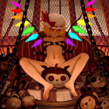 1girl arms_behind_back artistic_error as109 bad_id bad_pixiv_id barefoot bdsm belt belt_bra blonde_hair bondage bound censored chain convenient_censoring couch embodiment_of_scarlet_devil evil_grin evil_smile fangs feet female_focus flandre_scarlet flat_chest glaring glowing glowing_eyes glowing_wings grin hat highres legs loli long_legs looking_at_viewer naked_belt naughty_face navel nude ponytail red_eyes ribbon short_hair side_ponytail smile smirk soles solo spread_legs stuffed_animal stuffed_toy teasing teddy_bear teeth toenails toes touhou vampire wings yukkuri_shiteitte_ne