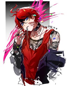 1boy ahoge alternate_costume black_choker black_hair black_jacket blue_eyes character_name chinese_commentary choker collarbone commentary_request cropped_torso cross cross_necklace dated fishnet_top fishnets hair_between_eyes head_tilt highres jacket jewelry male_focus multicolored_hair multiple_rings necklace red_hair red_tank_top ring short_hair solo sparkle streaked_hair sumino_takumi tank_top the_hundred_line_-last_defense_academy- two-tone_hair xiamu_bushi_xiamu