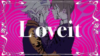 1boy 1girl black_jacket brown_hair chinese_commentary clenched_teeth commentary_request green_eyes grin hands_on_another's_cheeks hands_on_another's_face headband highres jacket long_sleeves loveit?_(biz) maka_albarn pink_background rice_(somasuki_77) sharp_teeth shirt short_hair smile soul_eater soul_evans teeth wavy_background white_hair white_headband white_shirt