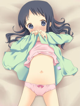 1girl anyannko bad_id bad_pixiv_id black_eyes black_hair blush bow bow_panties camisole clothes_lift dress dress_lift female_focus highres loli midriff navel nose_blush original panties pink_panties solo source_request underwear