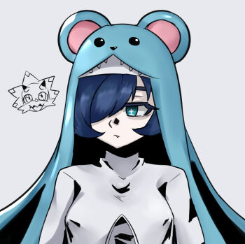 Rule 34 | 1girl, absurdres, blue eyes, blue hair, breasts, chibi, chibi inset, digimon, digimon (creature), digimon ghost game, dress, gammamon, highres, medium breasts, sakamuotoo, simple background, sistermon ciel, solo, upper body, white background, white dress