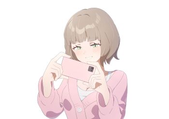 1girl absurdres blush breasts brown_hair cleavage commentary_request green_eyes hands_up highres holding holding_phone kumacy_0 long_sleeves medium_hair original phone simple_background small_breasts smile upper_body white_background