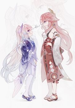 2girls absurdres animal_ears bare_shoulders breasts confrontation detached_sleeves faceoff floral_print fox_ears genshin_impact hair_ornament highres japanese_clothes kimono lightning_glare long_hair mibai_yume multiple_girls pink_hair purple_eyes sandals sangonomiya_kokomi sideboob smile very_long_hair wide_sleeves yae_miko