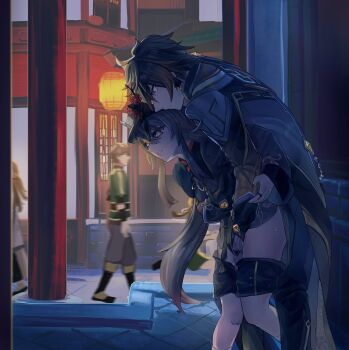 2boys 2girls :| architecture bent_over black_gloves black_hair black_headwear black_nails black_shorts blurry blurry_background blush bottomless breasts brown_hair chinese_clothes closed_mouth coat coattails collared_coat collared_shirt colored_tips commission doumucchi earrings east_asian_architecture exhibitionism eyeliner eyeshadow feet_out_of_frame fingering flower flower-shaped_pupils formal_clothes genshin_impact gloves grabbing_another&#039;s_breast gradient_hair groping hair_between_eyes hair_tie hat hat_flower hat_ornament hetero highres hu_tao_(genshin_impact) hug hug_from_behind jacket jewelry lantern long_hair long_sleeves makeup mixed-language_commentary multicolored_hair multiple_boys multiple_girls nail_polish pants paper_lantern plum_blossoms ponytail porkpie_hat public_indecency pussy_juice red_eyes red_eyeshadow red_shirt ring road second-party_source shirt shorts sidelocks single_earring small_breasts socks standing star-shaped_pupils star_(symbol) street suit sweat sweatdrop symbol-shaped_pupils tailcoat tassel tassel_earrings teeth twintails very_long_hair vest yellow_eyes zhongli_(genshin_impact)