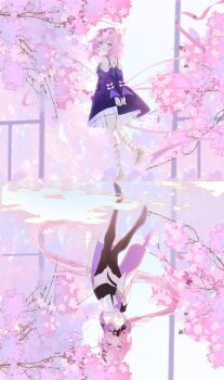 2girls absurdres black_boots blue_eyes boots cherry_blossoms color_connection company_connection cyrene_(aedes_elysiae)_(honkai:_star_rail) cyrene_(honkai:_star_rail) different_reflection dress elf elysia_(honkai_impact) elysia_(miss_pink_elf)_(honkai_impact) floating_hair flower hair_color_connection hair_ornament hashtag-only_commentary highres honkai:_star_rail honkai_(series) honkai_impact_3rd inoue_marina looking_at_viewer looking_back miaogujun multiple_girls open_mouth pink_flower pink_hair pointy_ears reflection sandals smile thigh_boots voice_actor_connection yanning