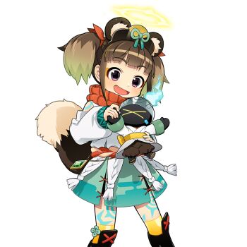 1girl animal_ears black_boots black_eyes boots brown_hair commentary_request fake_animal_ears green_skirt halo head_ornament holding open_mouth pomme_(uchihime) raccoon_ears raccoon_girl raccoon_tail red_scarf scarf short_hair skirt sweater tail tanuko thighhighs twintails uchako uchi_no_hime-sama_ga_ichiban_kawaii white_sweater yellow_thighhighs