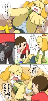1boy 1girl animal_crossing animal_ears assisted_exposure banana_peel barefoot blush bulge cameltoe closed_eyes comic dog_ears dog_girl dog_tail embarrassed erection erection_under_clothes feet furry furry_female furry_with_non-furry hetero interspecies isabelle_(animal_crossing) japanese_text kiori_nezumi lying nintendo on_back one_eye_closed open_mouth panties pantsing panty_pull pantyshot partially_visible_vulva pawpads pulling_another's_clothes shirt sitting skirt speech_bubble tail tears translation_request underwear upskirt villager_(animal_crossing) white_panties