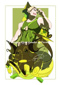 1boy :d absurdres adjusting_eyewear blonde_hair border cccacademia character_name covered_abs dog_tags electrodes galvantula gen_1_pokemon gen_3_pokemon gen_4_pokemon gen_5_pokemon green_shirt hand_up highres looking_up magnezone male_focus manectric mixed-language_commentary nintendo open_mouth pokemon pokemon_(creature) pokemon_hgss raichu rotom rotom_(mow) shirt short_hair signature sleeveless sleeveless_shirt smile surge_(pokemon) tank_top teeth toned toned_male tongue white_border