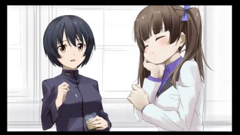 2girls black_hair black_jacket blue_shirt blush brave_witches breasts brown_hair closed_eyes eating food georgette_lemare glass happy highres hmd_1800 holding holding_spoon indoors jacket long_hair looking_at_another medium_breasts military military_uniform multiple_girls open_mouth red_eyes shimohara_sadako shirt short_hair spoon twintails upper_body white_jacket wings world_witches_series