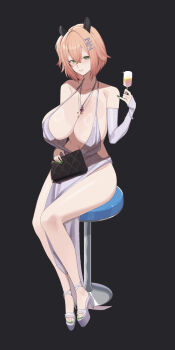 absurdres animal_ears backless_dress backless_outfit bar_stool breasts brown_hair commentary cup dress drinking_glass elbow_gloves english_commentary gloves green_eyes hair_ornament hairclip high_heels highres holding holding_cup huge_breasts indie_virtual_youtuber jewelry kurowanjjyang necklace nimi_nightmare plunging_neckline revealing_clothes second-party_source short_hair sitting solo stool tapir_ears tapir_girl virtual_youtuber