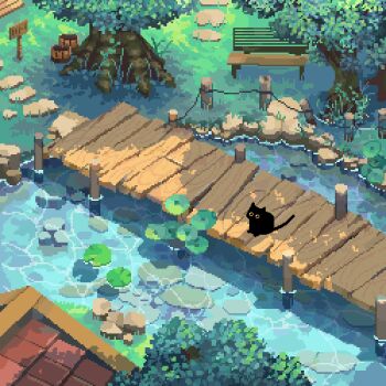 animal animal_focus animated animated_gif bench black_cat bridge bush cat day decomposedmaw from_above lily_pad lowres no_humans original outdoors park park_bench pixel_art plant_request scenery sitting tree water wind wooden_bench wooden_bridge