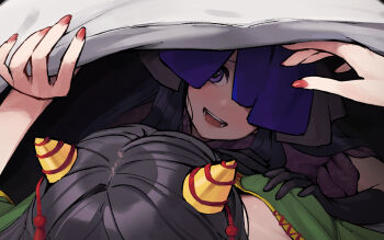 2girls :d black_gloves black_hair commentary_request dress elbow_gloves flower flower_on_head gloves grabbing_another's_breast green_shirt groping highres horn_ornament horn_ribbon horns kanpa_(campagne_9) lifting_covers lobelia_(flower) multiple_girls nippaku_zanmu open_mouth parody puffy_short_sleeves puffy_sleeves purple_dress purple_eyes purple_flower red_nails ribbon shirt short_sleeves smile the_grudge touhou under_covers yomotsu_hisami yuri