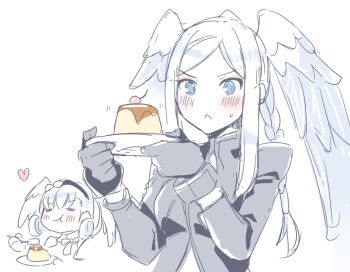 2girls :&lt; blue_eyes blush eating food head_wings heart melia_antiqua mizuki_riko multiple_girls nintendo pudding simple_background sketch smile tyrea_(xenoblade) white_background wings xenoblade_chronicles_(series) xenoblade_chronicles_1