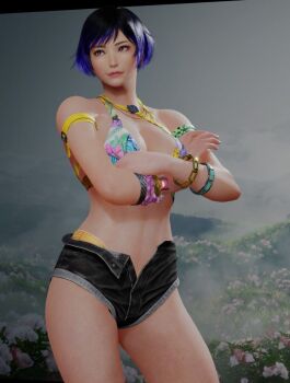 1girl 3d bare_shoulders bikini bikini_top_only black_hair black_shorts bracelet breasts cleavage closed_mouth cosplay crossed_arms denim denim_shorts female_focus jewelry large_breasts miary_zo miary_zo_(cosplay) mod multicolored_bikini_top multicolored_hair namco purple_hair reina_(tekken) short_hair shorts smile solo tekken tekken_8 thighs two-tone_hair