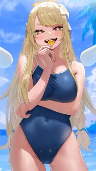 1girl arm_under_breasts blonde_hair blue_one-piece_swimsuit braid candy commentary_request crown day erpin_(trickcal) flower food hair_flower hair_ornament hand_up hara_kenshi highres holding holding_candy holding_food holding_lollipop lollipop long_hair one-piece_swimsuit open_mouth red_eyes sky solo standing star-shaped_pupils star_(symbol) swimsuit symbol-shaped_pupils trickcal twin_braids white_flower