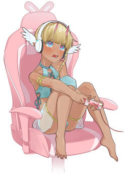 1boy bare_shoulders barefoot blonde_hair blush bulge collarbone commission controller elf feet game_controller gamepad heart heart-shaped_pupils highres holding holding_controller holding_game_controller male_focus mubo original pixiv_commission playstation_controller pointy_ears short_hair shota simple_background sitting solo symbol-shaped_pupils tan toes trap white_background