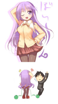 00s 2boys breast_padding breasts crossdressing crossdressing_(mtf) gakuran hand_on_own_hip happiness! kashiwamochi_yomogi kohinata_yuuma large_breasts long_hair male_focus marimo multiple_boys one_eye_closed pantyhose purple_eyes purple_hair school_uniform short_hair simple_background smile tama_(happiness) trap very_long_hair watarase_jun white_background wink