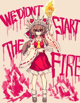 Rule 34 | 1girl, absurdres, ascot, between fingers, black shoes, bow, brown hair, commentary, crown, detached sleeves, english text, frilled bow, frilled hair tubes, frilled skirt, frills, full body, hair bow, hair tubes, hakurei reimu, highres, holding, holding ofuda, holding torch, korean commentary, long hair, looking at viewer, mary janes, ofuda, ofuda between fingers, rampa93, red bow, red skirt, ribbon-trimmed sleeves, ribbon trim, shoes, sidelocks, skirt, skirt set, socks, solo, standing, statue of liberty, torch, touhou, we didn't start the fire, white socks, wide sleeves, yellow ascot