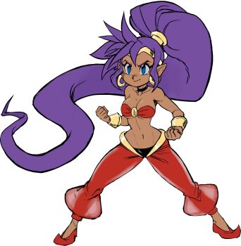 breasts cleavage dark-skinned_female dark_skin earrings fighting_stance gold_earrings highres hoop_earrings jewelry large_breasts pointy_ears pointy_shoes ponytail purple_eyes purple_hair shantae shantae_(series) shoes simple_background teevo underboob wrist_cuffs
