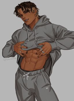 Rule 34 | 1boy, abs, absurdres, black nails, blonde hair, brown eyes, brown hair, chain, chain necklace, clothes lift, colored inner hair, commentary, cowboy shot, curtained hair, dark-skinned male, dark skin, ear chain, ear piercing, earrings, english commentary, eyebrow piercing, face piercing, fang, grey background, grey hoodie, grey pants, head tilt, highres, hood, hood down, hoodie, hoodie lift, jewelry, light smile, linked piercing, lip piercing, lips, looking ahead, male focus, male underwear, male underwear peek, mole, mole above mouth, mole on cheek, mole under mouth, multicolored hair, multiple rings, necklace, nose, open mouth, original, ornate ring, pants, piercing, pointy ears, ring, river (uneventide), short hair, silver necklace, silver ring, simple background, snake ring, solo, stud earrings, sweatpants, teeth, twitter username, two-tone hair, underwear, uneventide, vampire