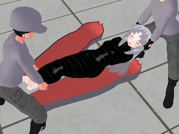 1girl 3d bdsm bondage bound grey_hair latex mummification source_request