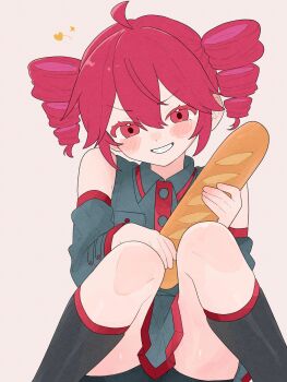 1girl ahoge baguette bike_shorts bike_shorts_under_skirt black_socks blush bread commentary_request detached_sleeves drill_hair food grey_shirt grey_skirt grey_sleeves grin hair_between_eyes highres holding holding_bread holding_food kasane_teto kneehighs knees_together_feet_apart komori_kamome looking_at_viewer medium_hair miniskirt naughty_face red_eyes red_hair shirt sidelocks simple_background sitting skirt sleeveless sleeveless_shirt smile socks solo twin_drills utau white_background