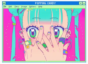 1girl animated animated_gif aqua_eyes aqua_hair bandaid bandaid_on_finger bandaid_on_hand blinking commentary covering_own_mouth double_bun ear_piercing earrings gradient_eyes green_eyes hair_bun hair_ornament hairpin heart heart_earrings heart_in_eye jewelry looping_animation multicolored_eyes nail_polish original piercing ponytail solo star_(symbol) symbol_in_eye twintails vivinos window_(computing)