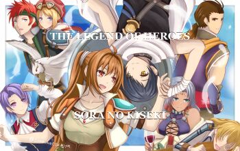 Rule 34 | agate crosner, antenna hair, armor, blonde hair, commentary request, eiyuu densetsu, estelle bright, falcom, goggles, goggles on head, group picture, headband, joshua bright, kloe rinz, multiple boys, multiple girls, olivert reise arnor, purple eyes, purple hair, red hair, scar, scar on face, scherazard harvey, shoulder armor, sora katsumiya, sora no kiseki, tita russell, zin vathek